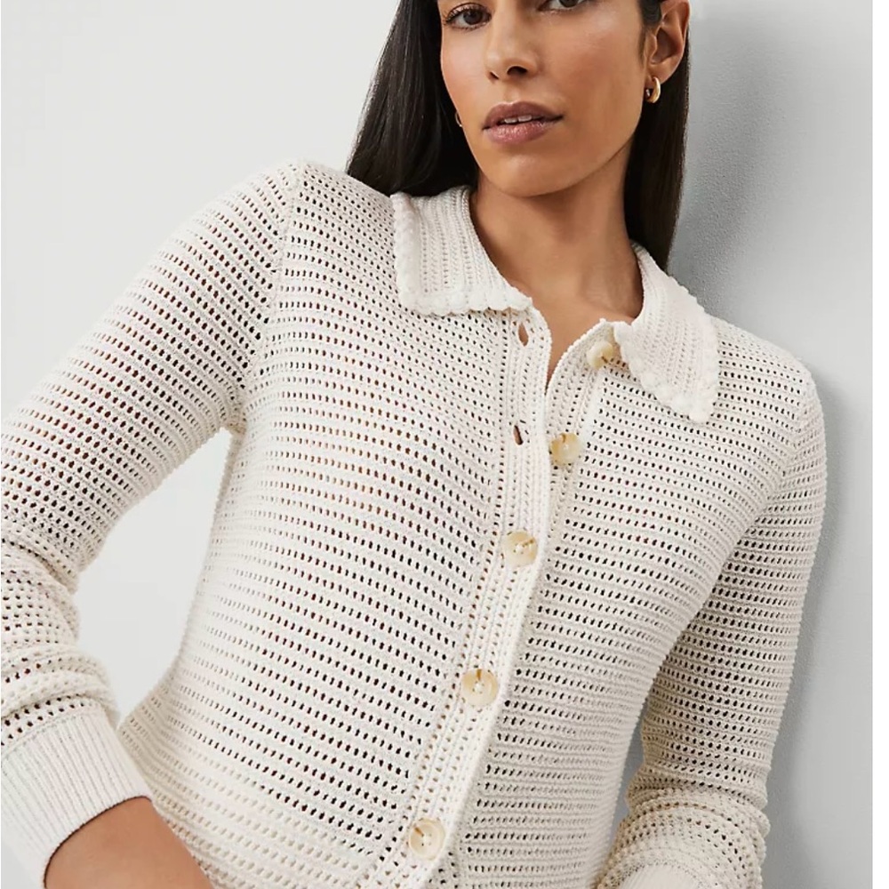 Ann Taylor Cream Crochet Knit Button-Up Cardigan